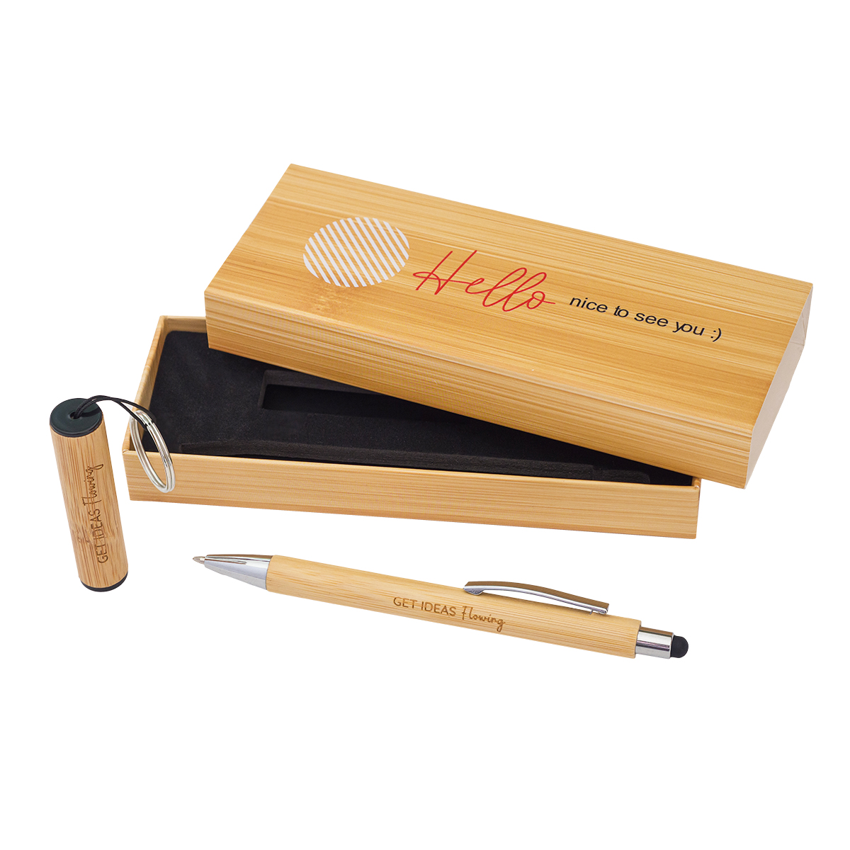 R02319.13 - Pelak bamboo pen and torch keychain in a gift box, beige 