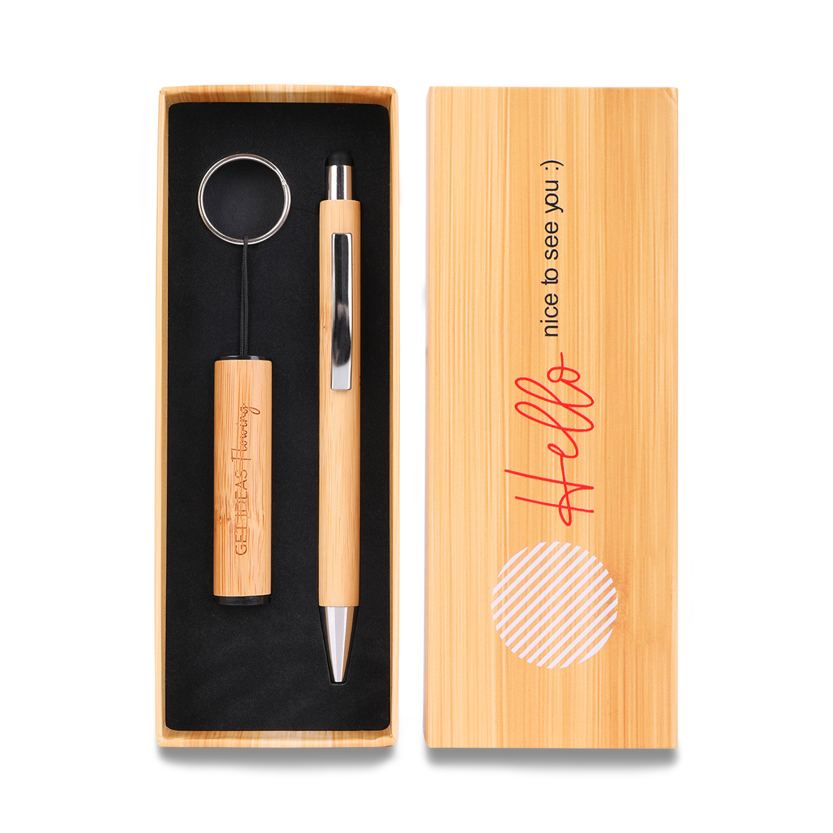 R02319.13 - Pelak bamboo pen and torch keychain in a gift box, beige 