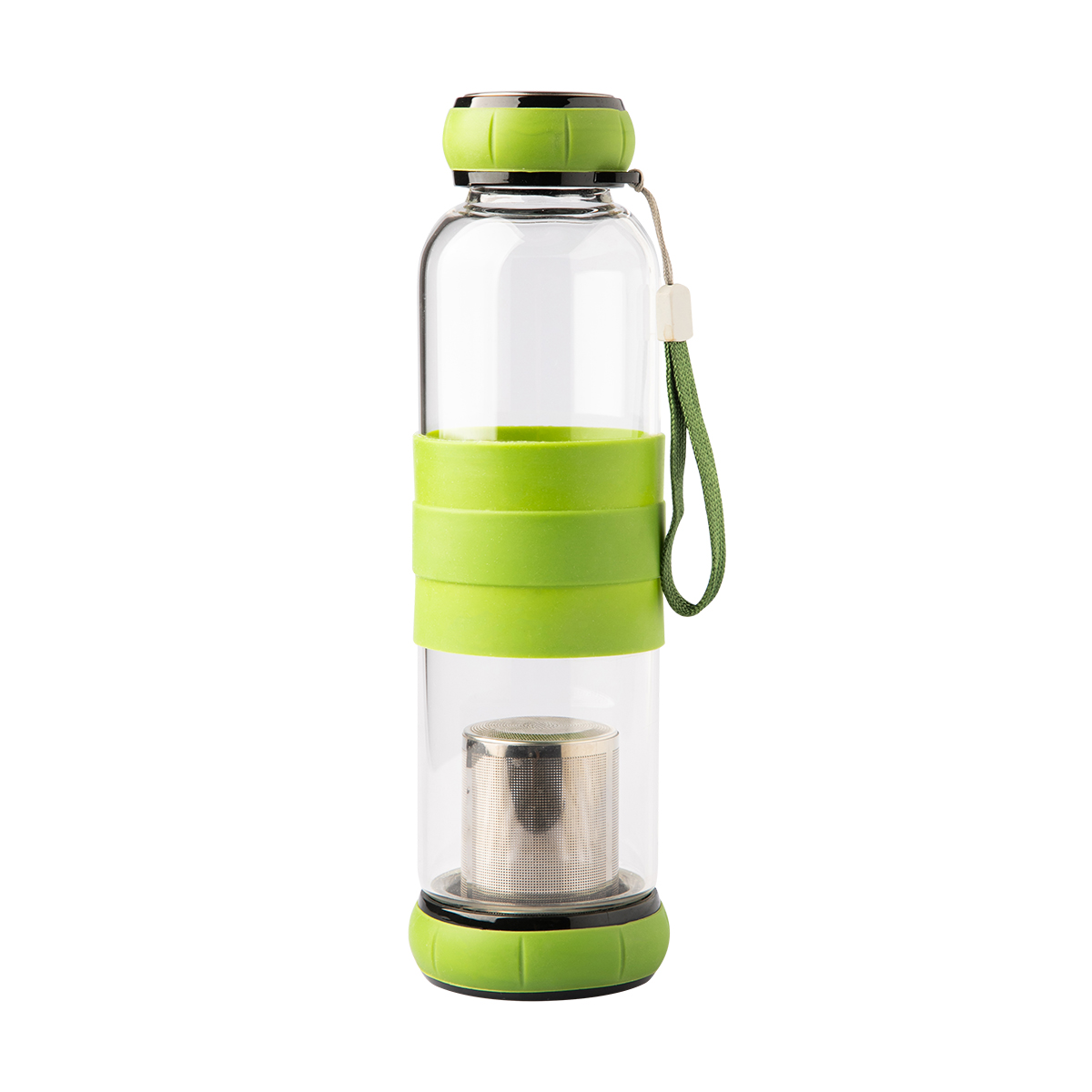 R08268.05 - 550 ml Sulmona glass bottle with tea infuser, green 