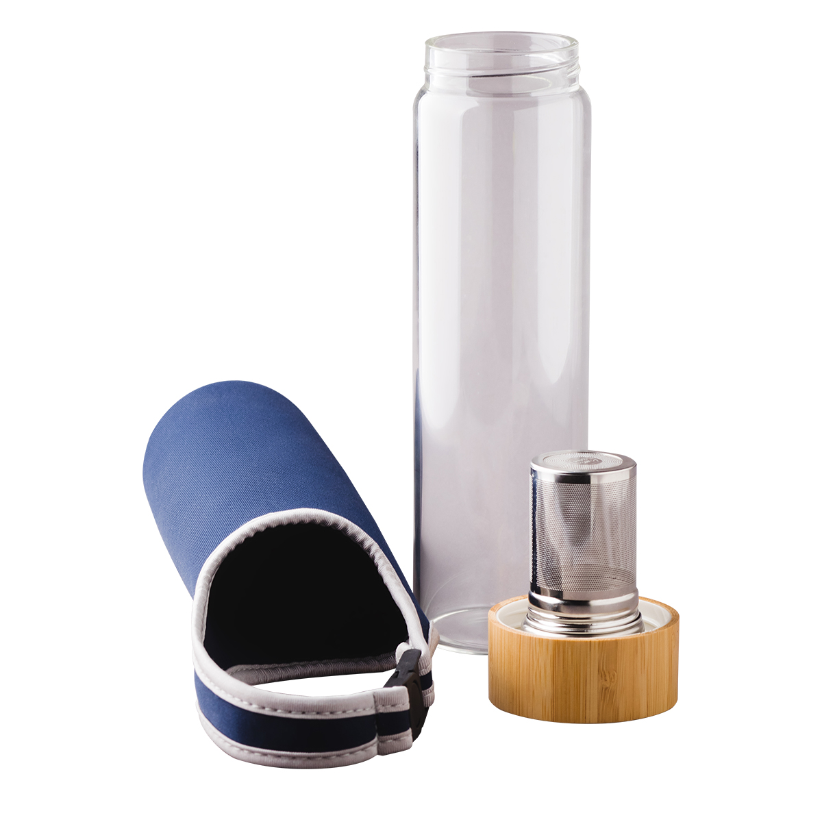 R08273.42 - 600 ml Gourmet glass bottle with tea infuser, dark blue 