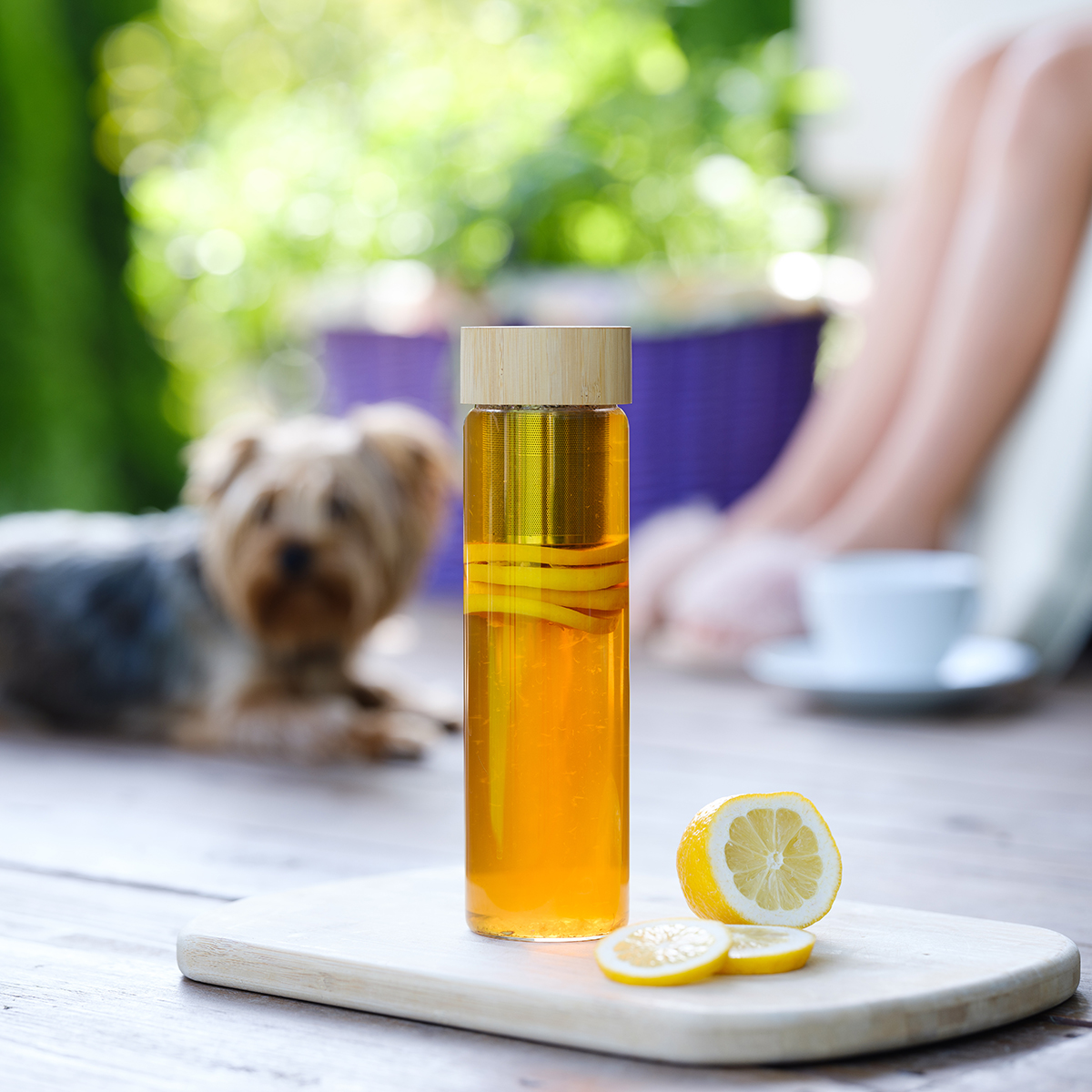 R08273.42 - 600 ml Gourmet glass bottle with tea infuser, dark blue 