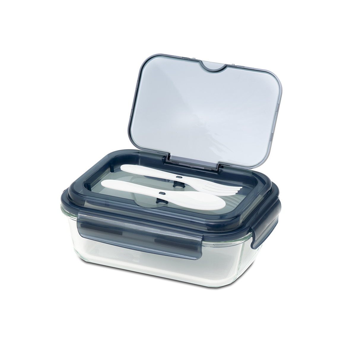 R08444.02 - 1000 ml Lagos glass lunch box with cutlery, black 